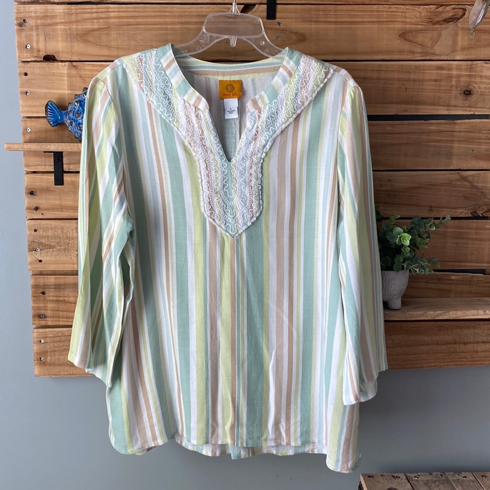 Ruby Rd. Green and Tan Striped 3/4 Sleeve Tunic Top Size Large